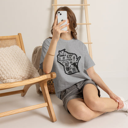 Wisconsin State Map Tee — Icons of Cheese, Beer & Outdoor Life