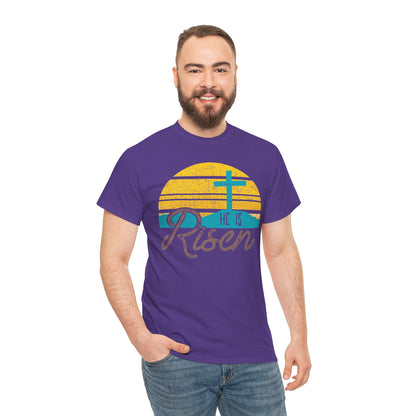 He Is Risen T-Shirt — Vintage Sunrise Cross Easter Tee