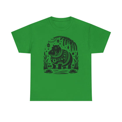 Elephant Folk Art Tee — Decorative Black Elephant Graphic T-Shirt