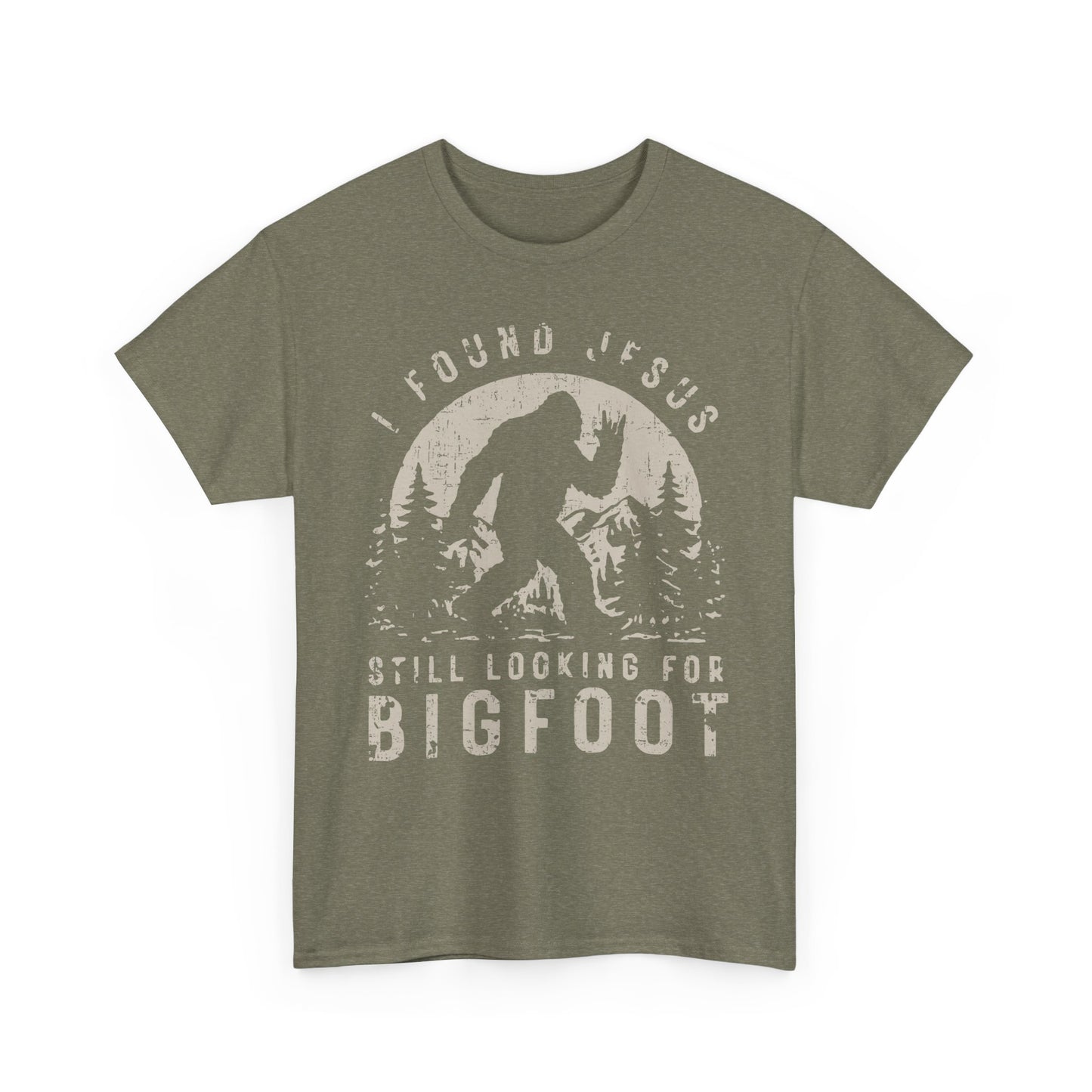 Bigfoot Graphic Tee -Tan — "I Found Jesus Still Looking for Bigfoot"