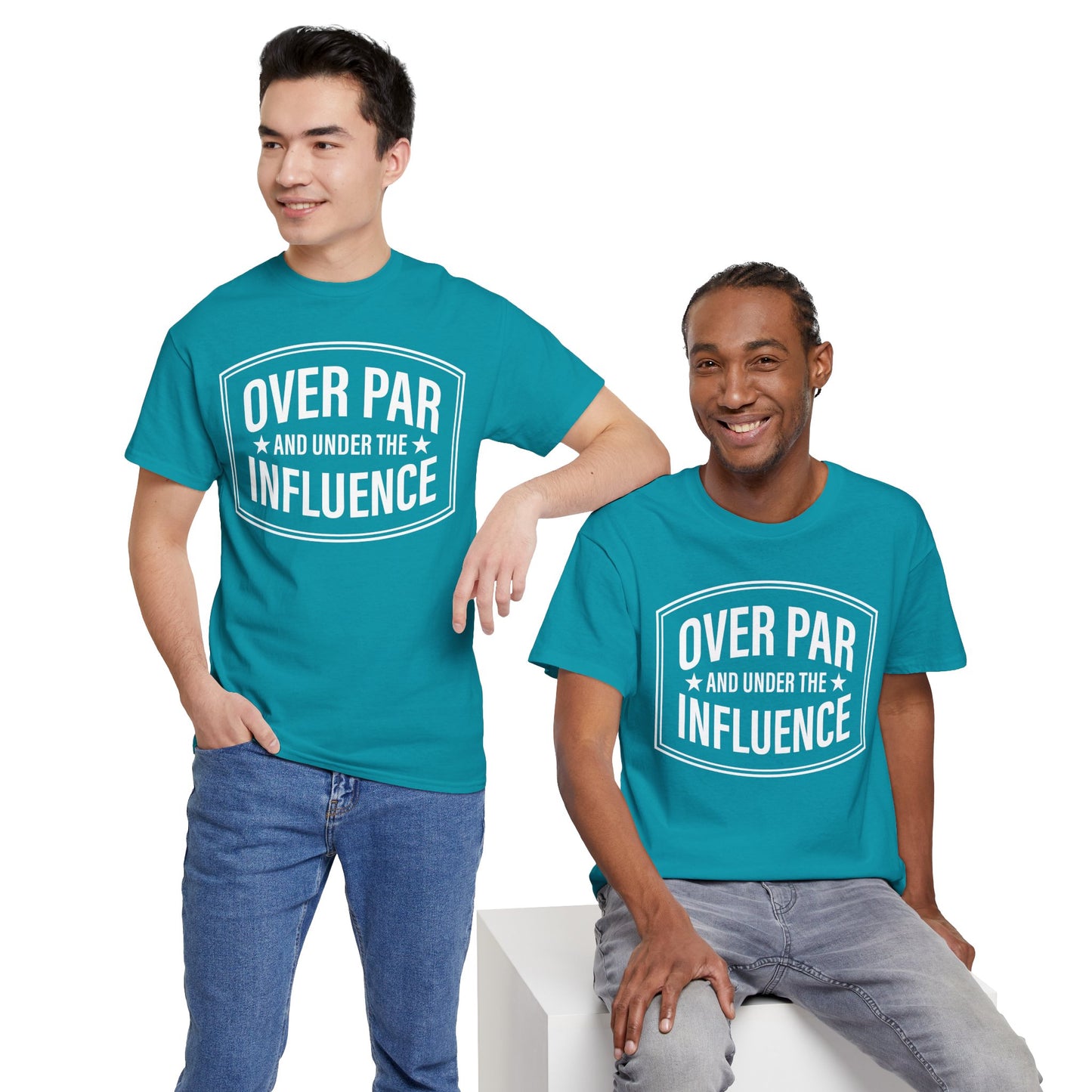 Golf T-Shirt — "Over Par and Under the Influence" - White -Vintage Golf Humor Tee