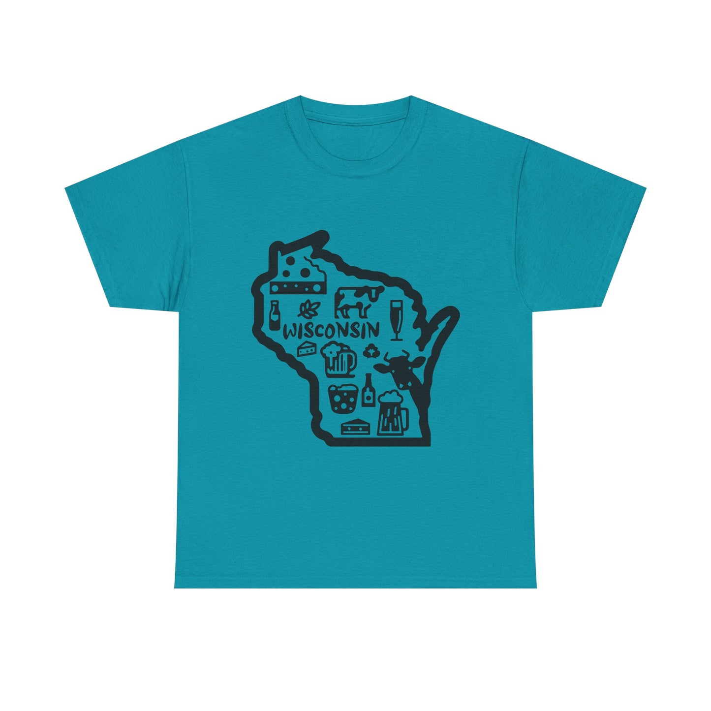 Wisconsin State Map Tee — Icons of Cheese, Beer & Outdoor Life