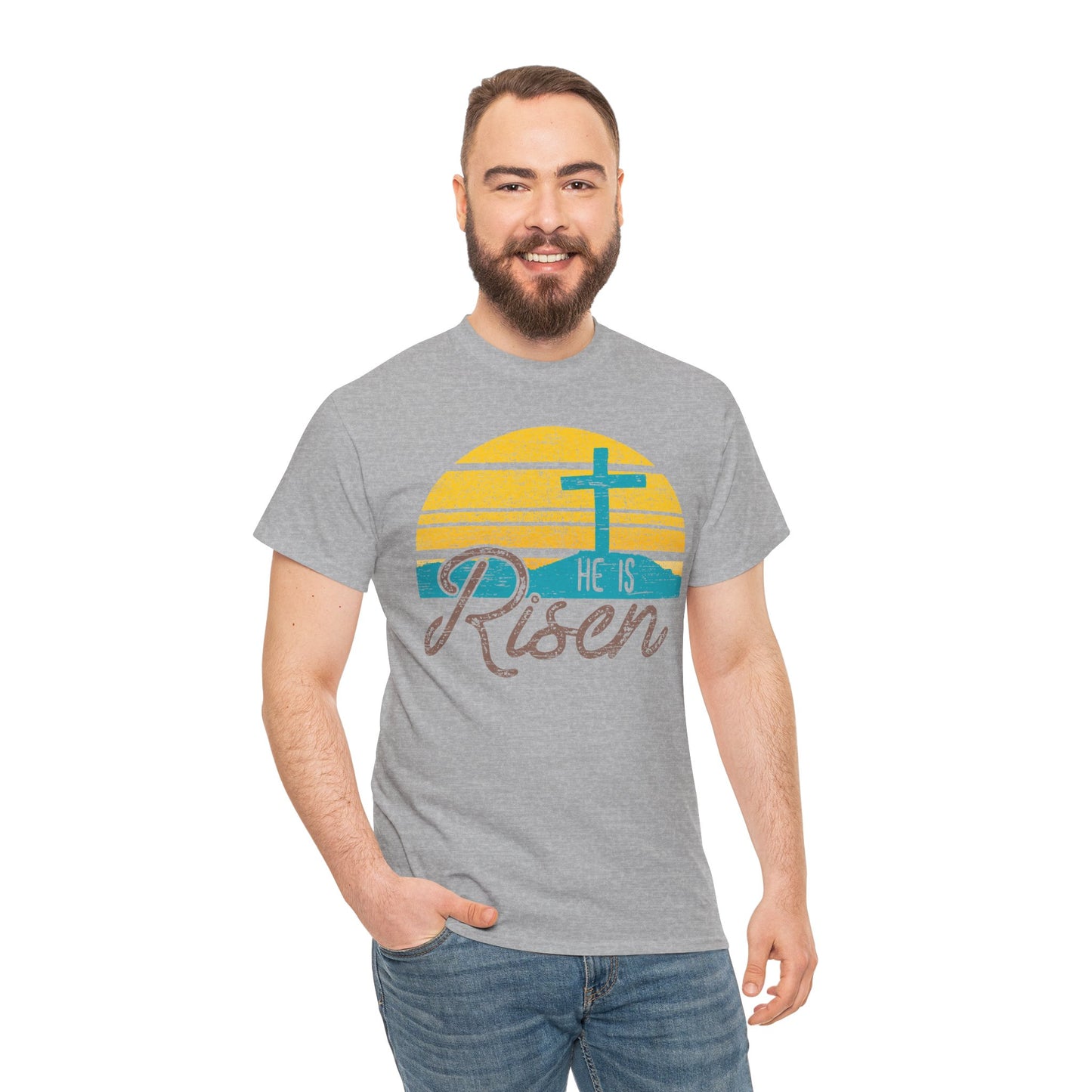 He Is Risen T-Shirt — Vintage Sunrise Cross Easter Tee