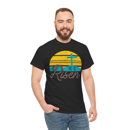 He Is Risen T-Shirt — Vintage Sunrise Cross Easter Tee